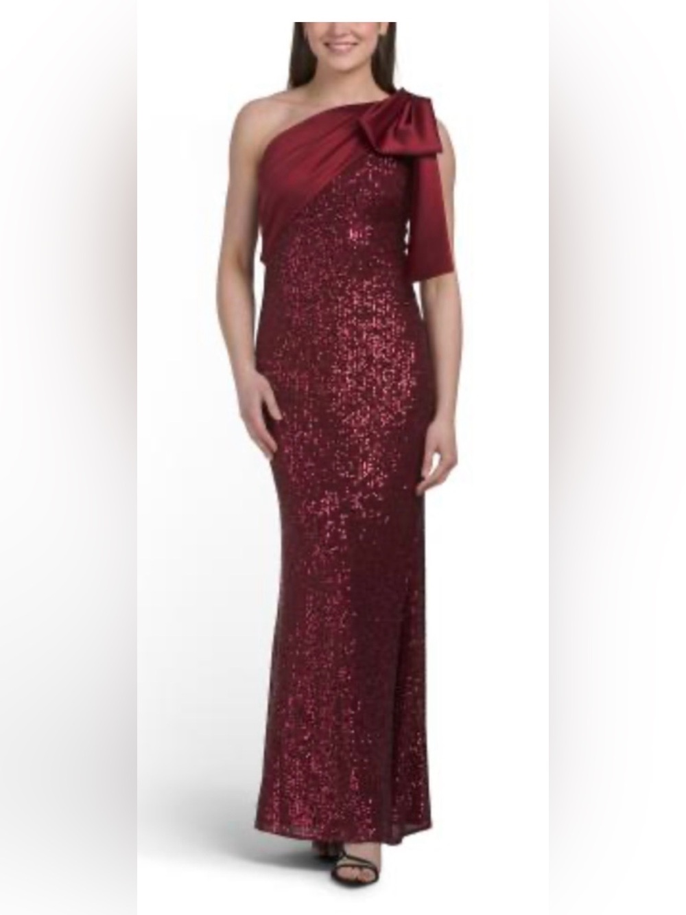 Betsy & Adam One-Shoulder Sequin Gown in Burgundy
